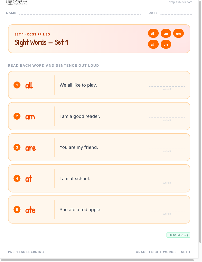 Grade 1 Sight Words worksheet preview