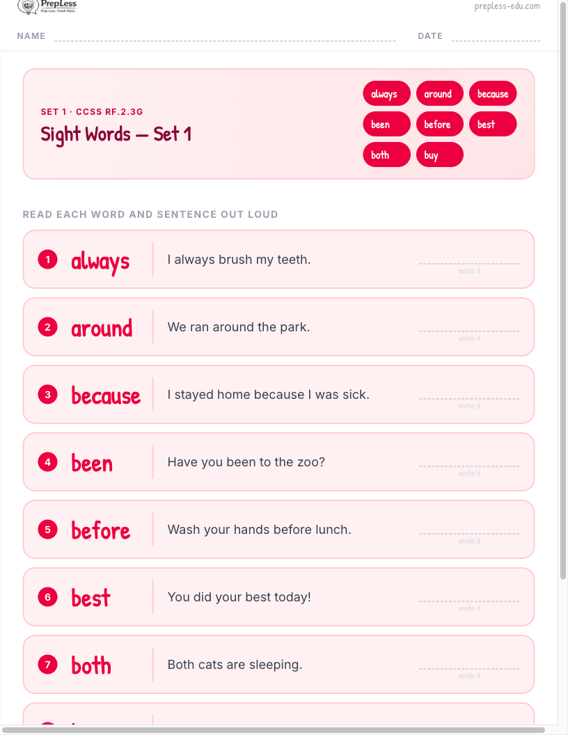 Grade 2 Sight Words worksheet preview