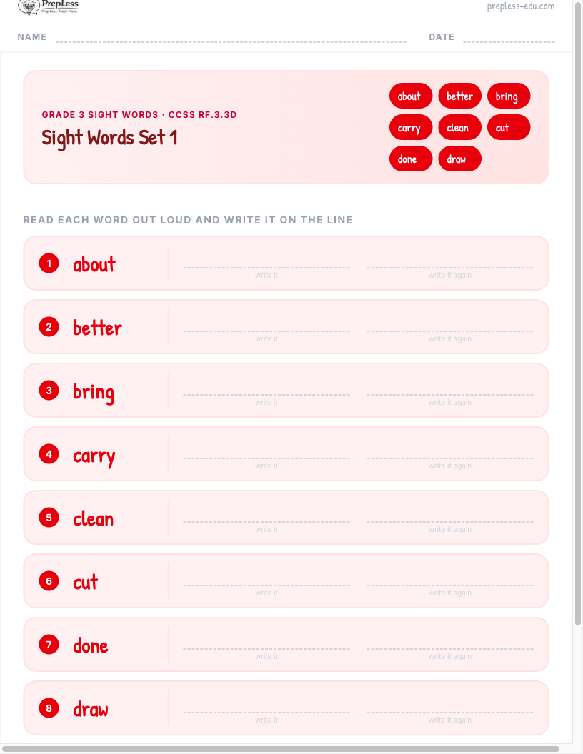 Grade 3 Sight Words worksheet preview