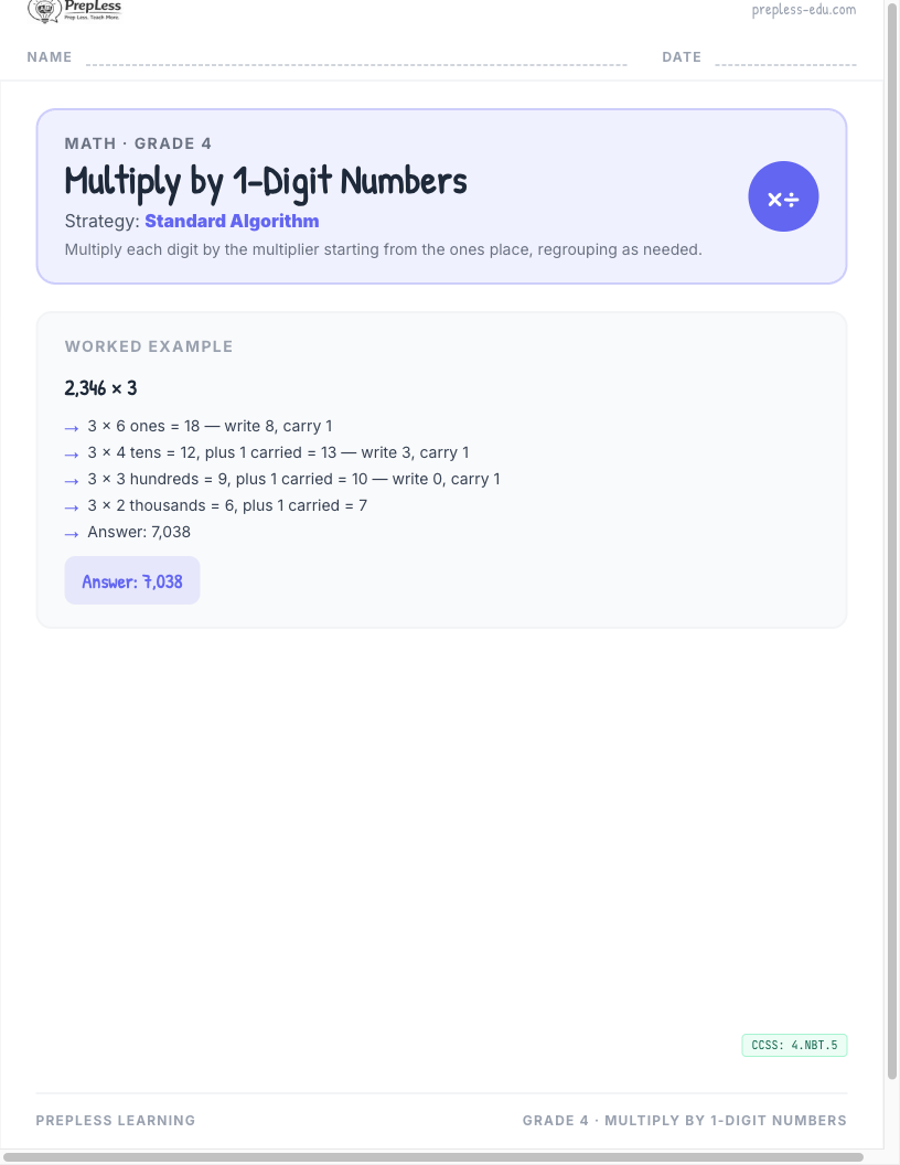 Grade 4 Multiplication worksheet preview