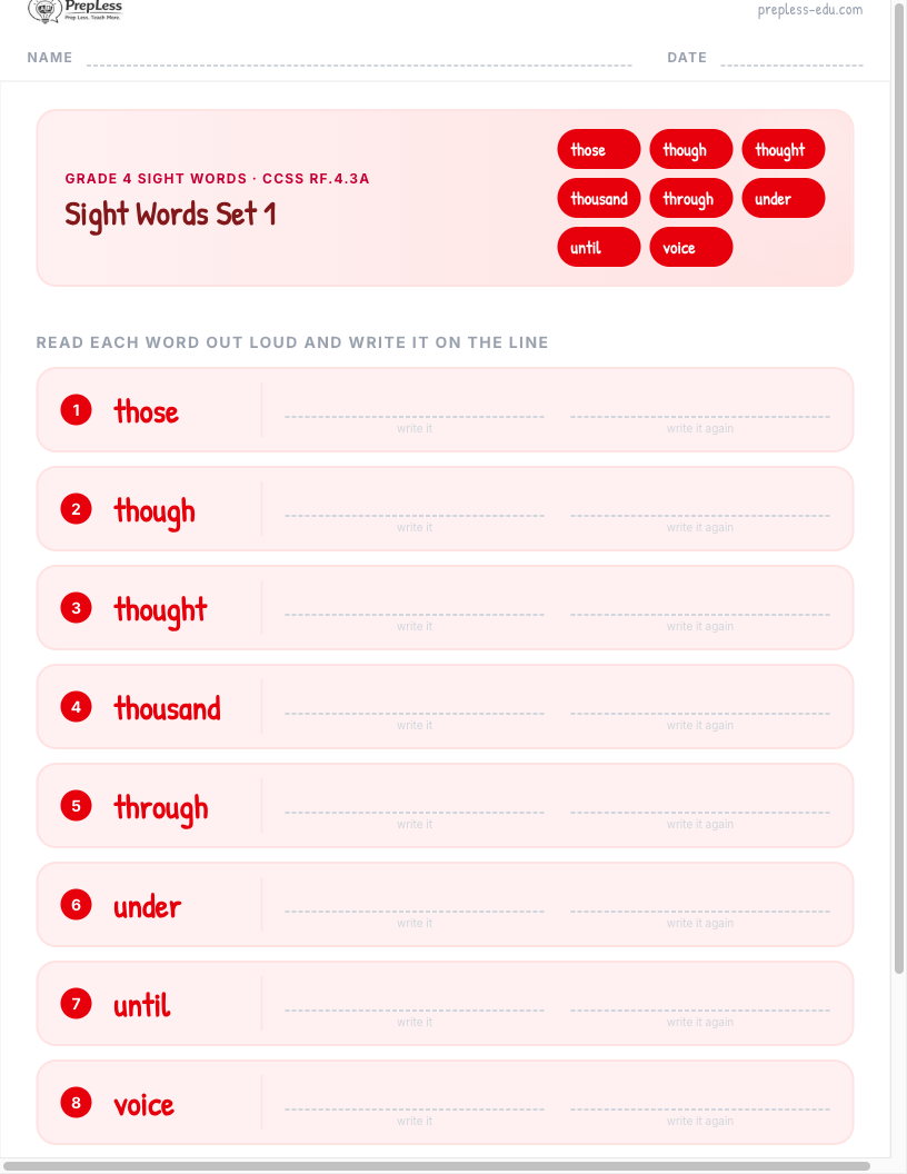 Grade 4 Sight Words worksheet preview