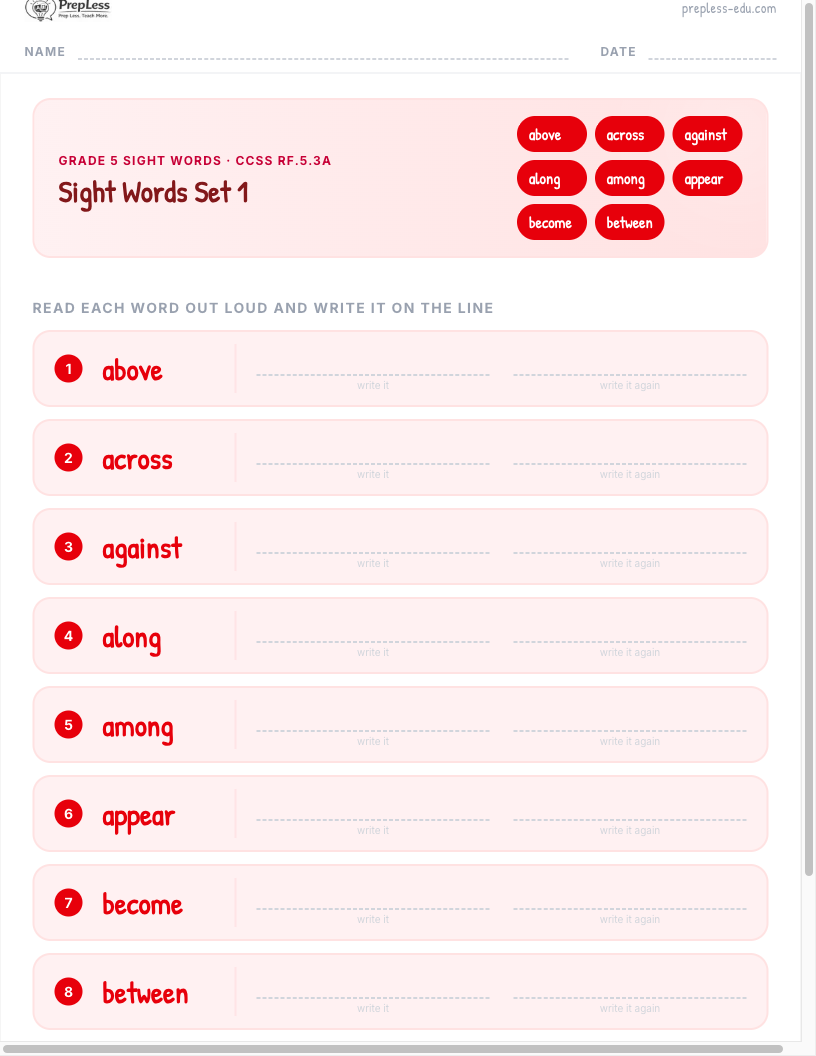 Grade 5 Sight Words worksheet preview
